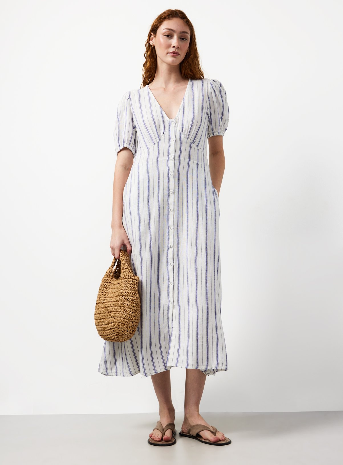 White Stripe Print Linen Blend Midaxi Dress 8 - Image 2 thumbnail